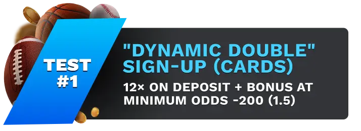 Image showing Everygame's "Dynamic Double" Sign-UP (Cards) Bonus, with sports balls on the left side of the image behind a blue banner stating 'Test #1".