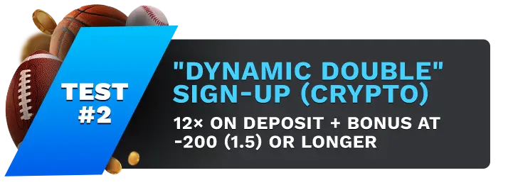 Image showing Everygame's "Dynamic Double" Sign-UP (Crypto) Bonus, with sports balls on the left side of the image behind a blue banner stating 'Test #1".