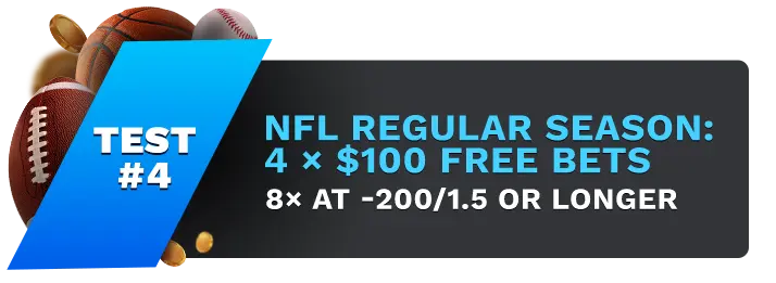Image showing Everygame's NFL Regular Season: 4 x $100 Free Bets Bonus, with sports balls on the left side of the image behind a blue banner stating 'Test #1".