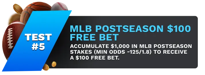 Image showing Everygame's MLB Postseason $100 Free Bet Bonus, with sports balls on the left side of the image behind a blue banner stating 'Test #1".