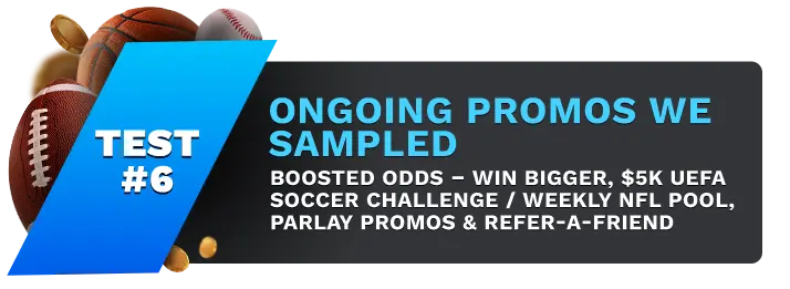 Image showing Everygame's Ongoing Promos We Sampled Bonuses, with sports balls on the left side of the image behind a blue banner stating 'Test #1".