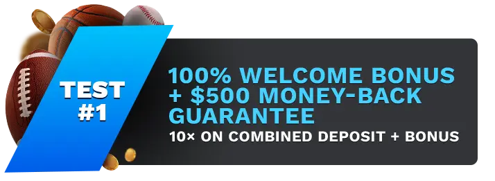 Image showing Heritage Sports 100% Welcome Bonus + $500 Money-Back Guarantee Bonus, with sports balls on the left side of the image behind a blue banner stating 'Test #1".