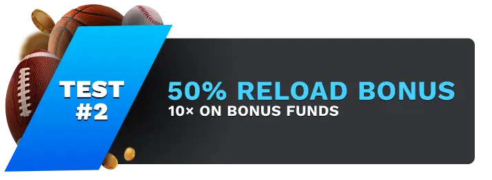 Image showing Heritage Sports 50% Reload Bonus, with sports balls on the left side of the image behind a blue banner stating 'Test #2".