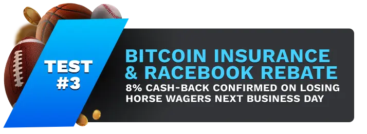 Image showing Heritage Sports Bitcoin Insurance & Racebook Rebate Bonus, with sports balls on the left side of the image behind a blue banner stating 'Test #3".