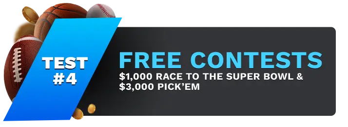 Image showing Heritage SportsFree Contests, with sports balls on the left side of the image behind a blue banner stating 'Test #4".