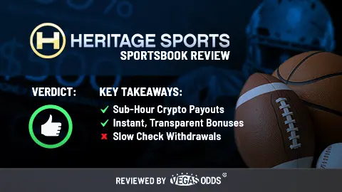 Image of Heritage Sports sportsbook review showing the Heritage Sports logo on the top left of the image, a thumbs up in a green circle is on the lower left, and bullet points summarizing in the review in the middle. On the right-hand side, there is an image of an American football, basketball, and baseball with a blurry screenshot of Heritage Sports in the background.