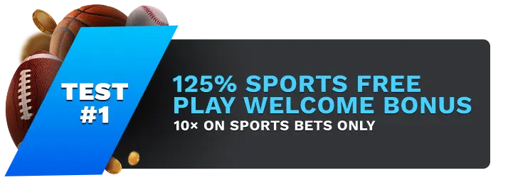 Image showing Jazz Sports 125% Sports Free Play Welcome Bonus, with sports balls on the left side of the image behind a blue banner stating 'Test #1".