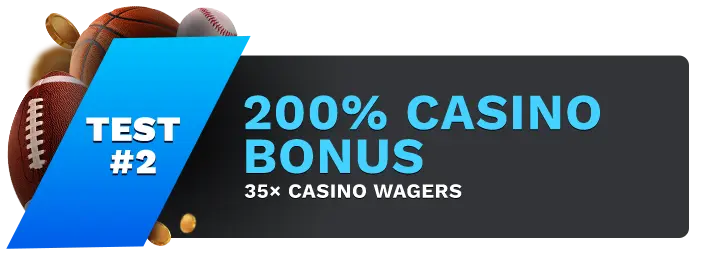 Image showing Jazz Sports 200% Casino Bonus, with sports balls on the left side of the image behind a blue banner stating 'Test #2".