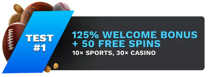 Image showing Lucky Rebel 125% Welcome Bonus + 50 Free Spins Bonus, with sports balls on the left side of the image behind a blue banner stating 'Test #1".
