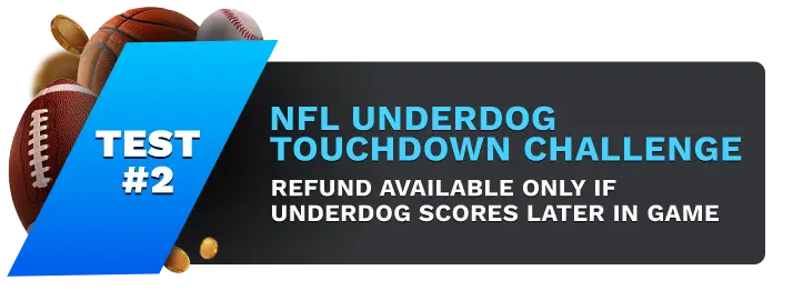 Image showing Lucky Rebel NFL Underdog Touchdown Challenge, with sports balls on the left side of the image behind a blue banner stating 'Test #2".
