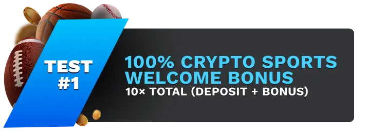 Image showing MyBookie 100% Crypto Sports Welcome Bonus, with sports balls on the left side of the image behind a blue banner stating 'Test #1".