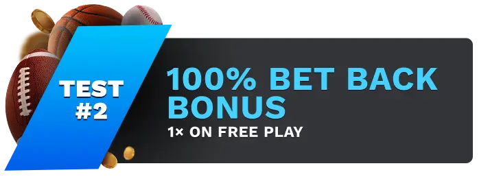 Image showing MyBookie 100% Bet Back Bonus, with sports balls on the left side of the image behind a blue banner stating 'Test #2".