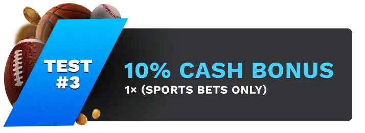 Image showing MyBookie 10% Cash Bonus, with sports balls on the left side of the image behind a blue banner stating 'Test #3".