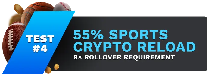 Image showing MyBookie 55% Sports Crypto Reload Bonus, with sports balls on the left side of the image behind a blue banner stating 'Test #4".