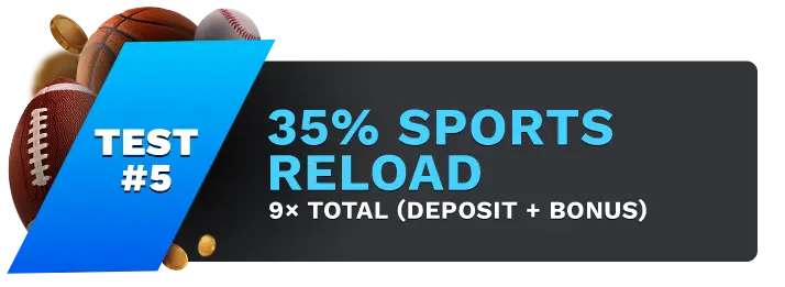 Image showing MyBookie 35% Sports Reload, with sports balls on the left side of the image behind a blue banner stating 'Test #5".
