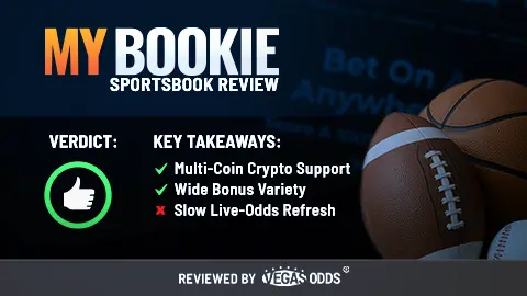 Image of MyBookie sportsbook review showing the MyBookie logo on the top left of the image, a thumbs up in a green circle is on the lower left, and bullet points summarizing in the review in the middle. On the right-hand side, there is an image of an American football, basketball, and baseball with a blurry screenshot of MyBookie in the background.