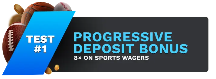 Image showing WagerWeb's Progressive Deposit Bonus with sports balls on the left side of the image behind a blue banner stating 'Test #1".