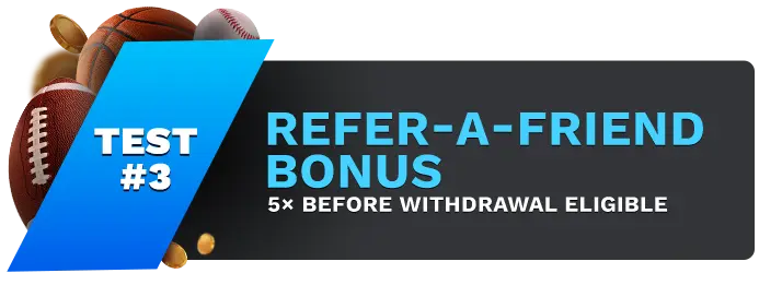 Image showing WagerWeb's Sportsbook Refer-A-Friend Bonus with sports balls on the left side of the image behind a blue banner stating 'Test #3".
