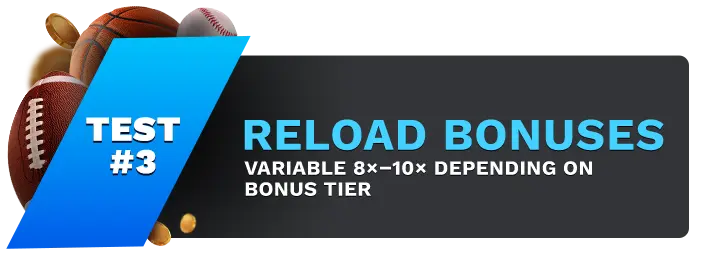 Image showing XBet's Reload Bonuses, with sports balls on the left side of the image behind a blue banner stating 'Test #3".