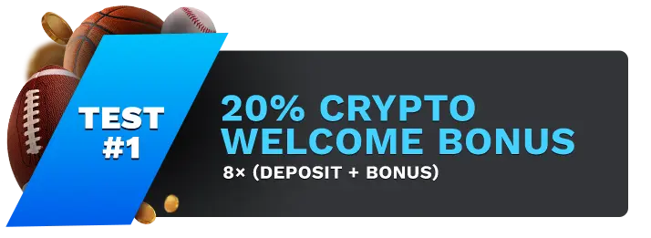 Image showing Bookmakers's20% Crypto Welcome Bonus, with sports balls on the left side of the image behind a blue banner stating 'Test #1".