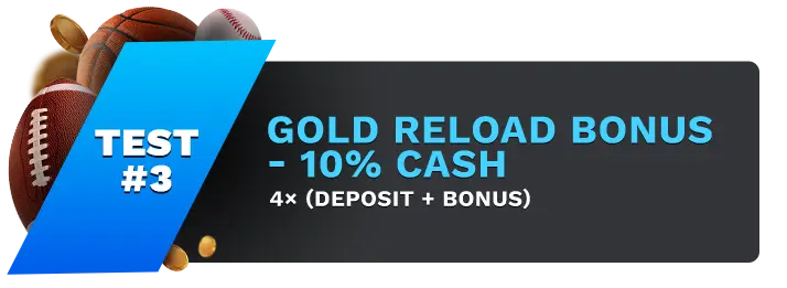 Image showing Bookmakers's Gold Reload Bonus - 10% Cash Bonus, with sports balls on the left side of the image behind a blue banner stating 'Test #3".
