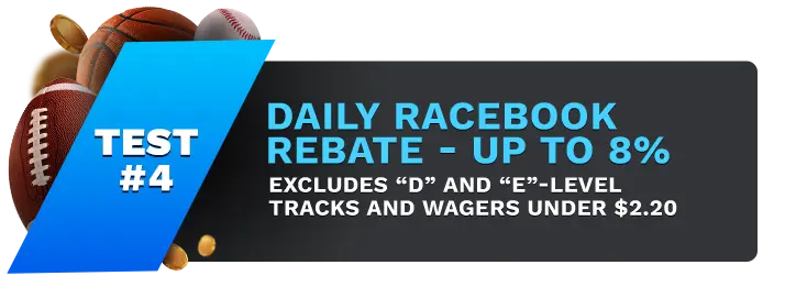 Image showing Bookmakers's Daily Racebook Rebate - up to 8% Bonus, with sports balls on the left side of the image behind a blue banner stating 'Test #4".
