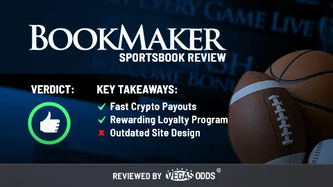 Image of Bookmaker sportsbook review showing the Bookmaker logo on the top left of the image, a thumbs up in a green circle is on the lower left, and bullet points summarizing in the review in the middle. On the right-hand side, there is an image of an American football, basketball, and baseball with a blurry screenshot of Bookmaker in the background.