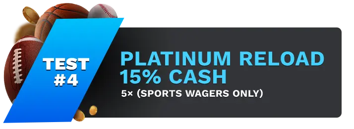 Image showing JustBet's Platinum Reload 15% Cash Bonus, with sports balls on the left side of the image behind a blue banner stating 'Test #4".