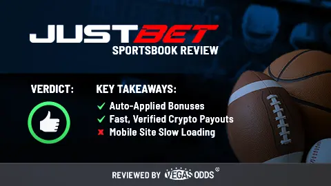 Image of JustBet sportsbook review showing the JustBet logo on the top left of the image, a thumbs up in a green circle is on the lower left, and bullet points summarizing in the review in the middle. On the right-hand side, there is an image of an American football, basketball, and baseball with a blurry screenshot of JustBet in the background.