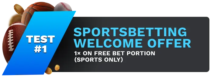 Image showing SportsBetting.ag Sportsbetting Welcome Offer Bonus, with sports balls on the left side of the image behind a blue banner stating 'Test #1".