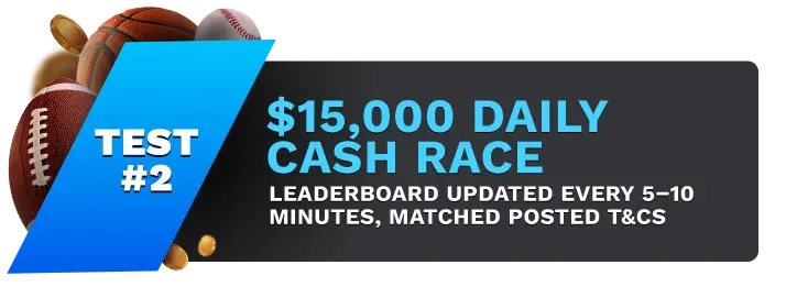 Image showing SportsBetting.ag $15,000 Daily Cash Race Bonus, with sports balls on the left side of the image behind a blue banner stating 'Test #2".