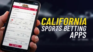 Image of a California sports betting app on a mobile device. The left of the screen shows a hand holding a mobile phone and in the background you can see an American football player diving for a ball.