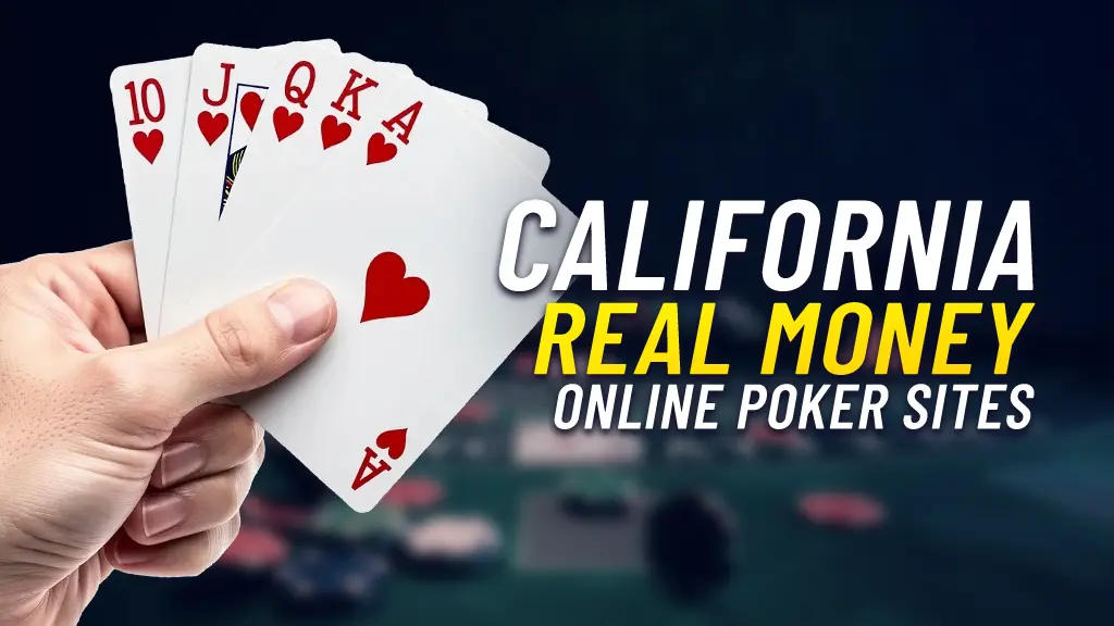 Image of a California real money poker sites. There is a hand on the left of the screen holding a royal flush and a blurry poker table in the background.
