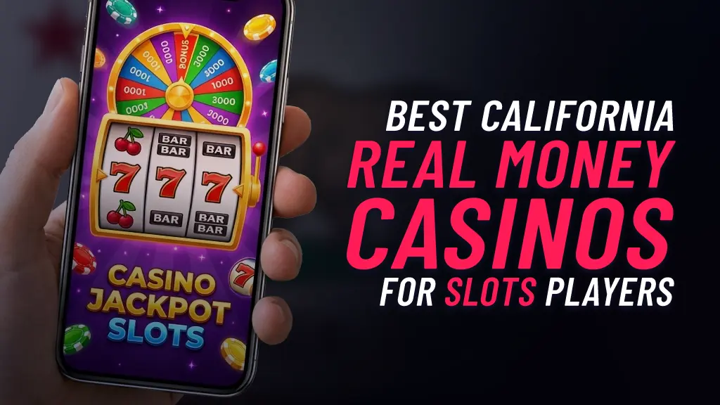 On the left of the image is a hand holding a mobile phone showing a slots reel and coins. On the right of the image is text showing the following 'Best California Real Money Casinos For Slots Players'.