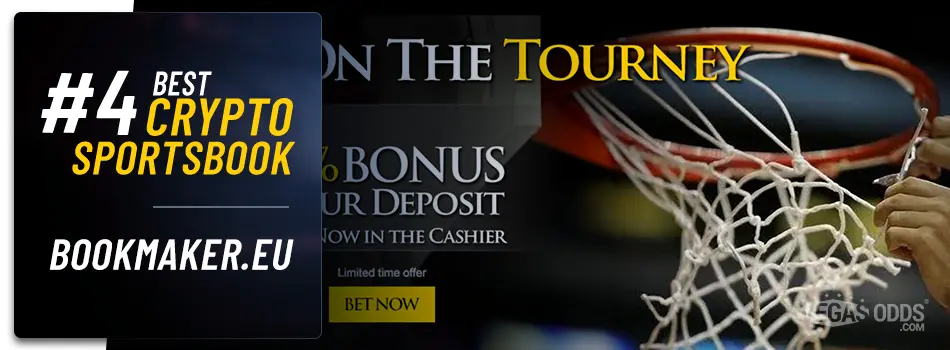 On the right side of the image is Bookmaker.eu's home page and on the left side of the image there is text showing '#4 Best Crypto Sportsbook, Bookmaker.eu'.