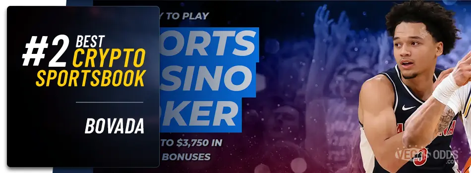 On the right side of the image is Bovada's home page and on the left side of the image there is text showing '#2 Best Crypto Sportsbook, Bovada'.
