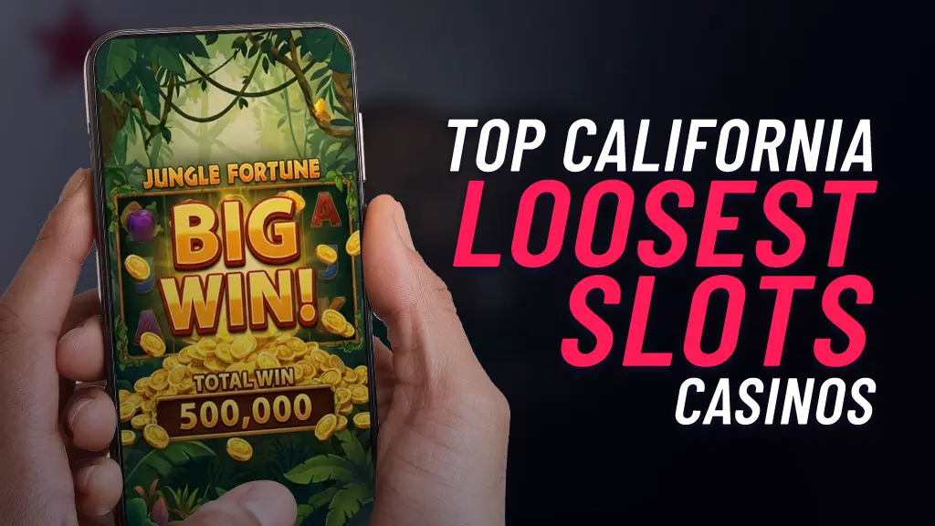 On the left of the image is a hand holding a mobile phone displaying a slots game with a big win. On the right of the image there is text showing 'Top California Loosest Slots Casinos'.