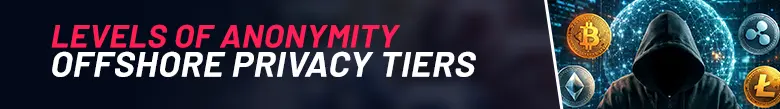 On the left of the image there is text showing 'Levels of Anonymity, Offshore Privacy Tiers'. On the right hand side there is a hooded figure surrounded by crypto coins.