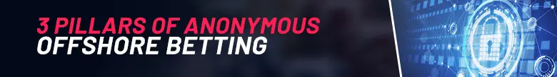 On the left hand side of there is text showing '3 Pillars of Anonymous Offshore Betting'. On the right side of the image there is a digital padlock symbol surrounded by microchip patterns.