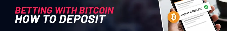On the left of the image there is text showing 'Betting With Bitcoin, How to Deposit'. On the right of the image there is a mobile phone with a Bitcoin logo next to text showing 'Deposited: 0.0025 BTC' with a green check mark at the end of the text.