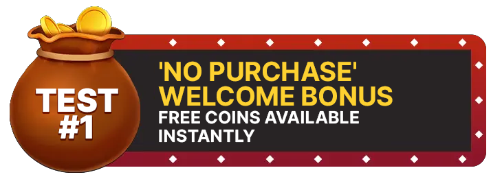 Image of Crown Coins Casino’s “No Purchase Welcome Bonus” showing a coin-filled money bag beside bold promotional text on a Vegas-style banner.