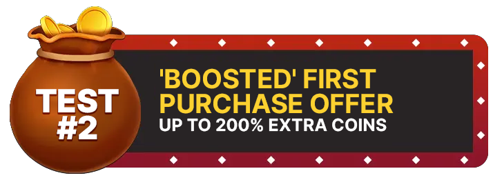 Image of Crown Coins Casino’s “First Purchase Bonus” featuring a coin bag and highlighted 200% boost offer displayed on a bright, casino-style sign.