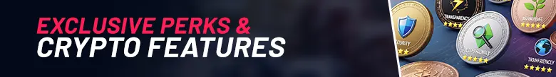 On the left side of the image there is text showing 'Exclusive Perks & Crypto Features'. On the right of the image there are coins showing different perks such as Security and Eco-Friendly with 5 star ratings.