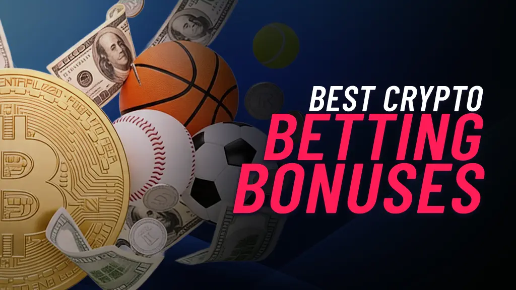 On the left of the image there is a Bitcoin surrounded by cash, a basketball, baseball, soccer ball and coins. This is showing the different sports for crypto bonuses. On the right of the image there is text showing 'Best Crypto Betting Bonuses'.