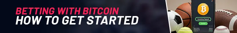 On the left of the image is text showing 'Betting With Bitcoin, How to Get Started'. On the right of the image there is a mobile phone with a bitcoin logo showing a deposit. Behind the phone there is a football, basketball, soccer ball, tennis ball and baseball.