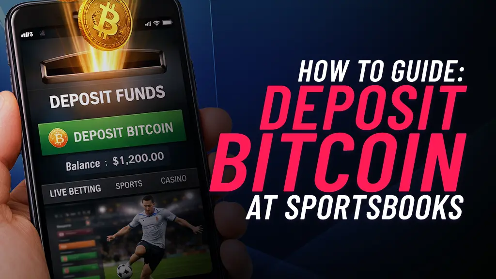 On the left of the image there is a mobile phone showing a Bitcoin deposit into a sports app. From the top of the phone there is a Bitcoin going into a slot in the screen, representing a Bitcoin deposit. On the right hand side there is text showing ' How To Guide: Deposit Bitcoin at Sportsbooks'.