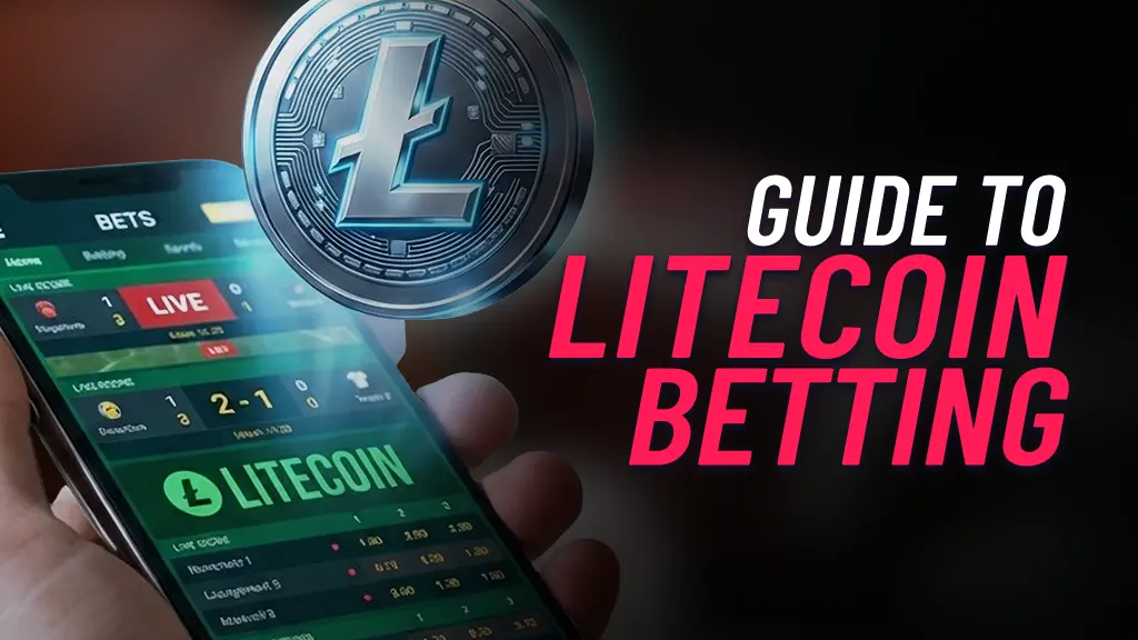 On the left side of the image there is a mobile phone displaying a sports betting app. Above the smartphone there is a Litecoin floating over it. On the right hand side of the image there is text showing 'Guide To Litecoin Betting'.