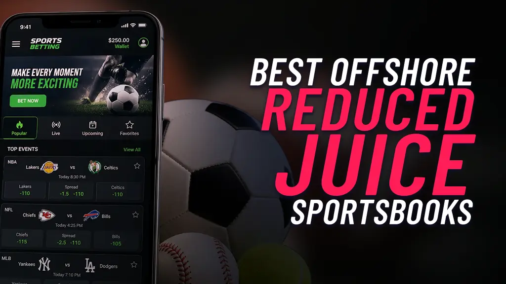 On the left of the image there is a sports betting app open on a mobile phone, behind the phone there is a soccer ball, baseball and tennis ball. On the right of the image there is text showing 'Best Offshore Reduced Juice Sportsbooks'.