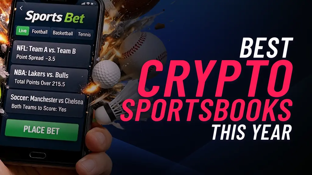 On the left of the image there is a mobile phone displaying a sports betting app with sports balls flying out from behind it. On the right hand side of the image there is text showing 'Best Crypto Sportsbooks This Year'.