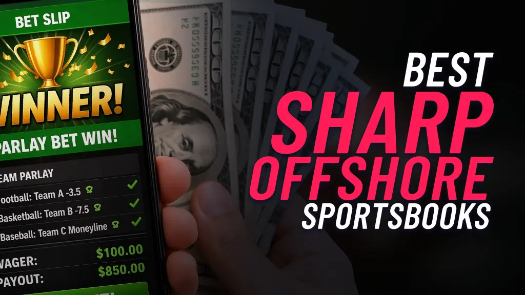 On the left of the image is a smartphone showing a winning bet on a sports app. Behind the smartphone is a hand holding cash. On the right of the image there is text showing 'Best Sharp Offshore Sportsbooks'.